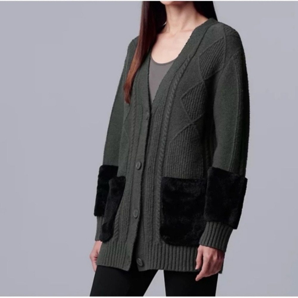 Vera Wang Cable Knit Fur Trimmed Cardigan Sweater